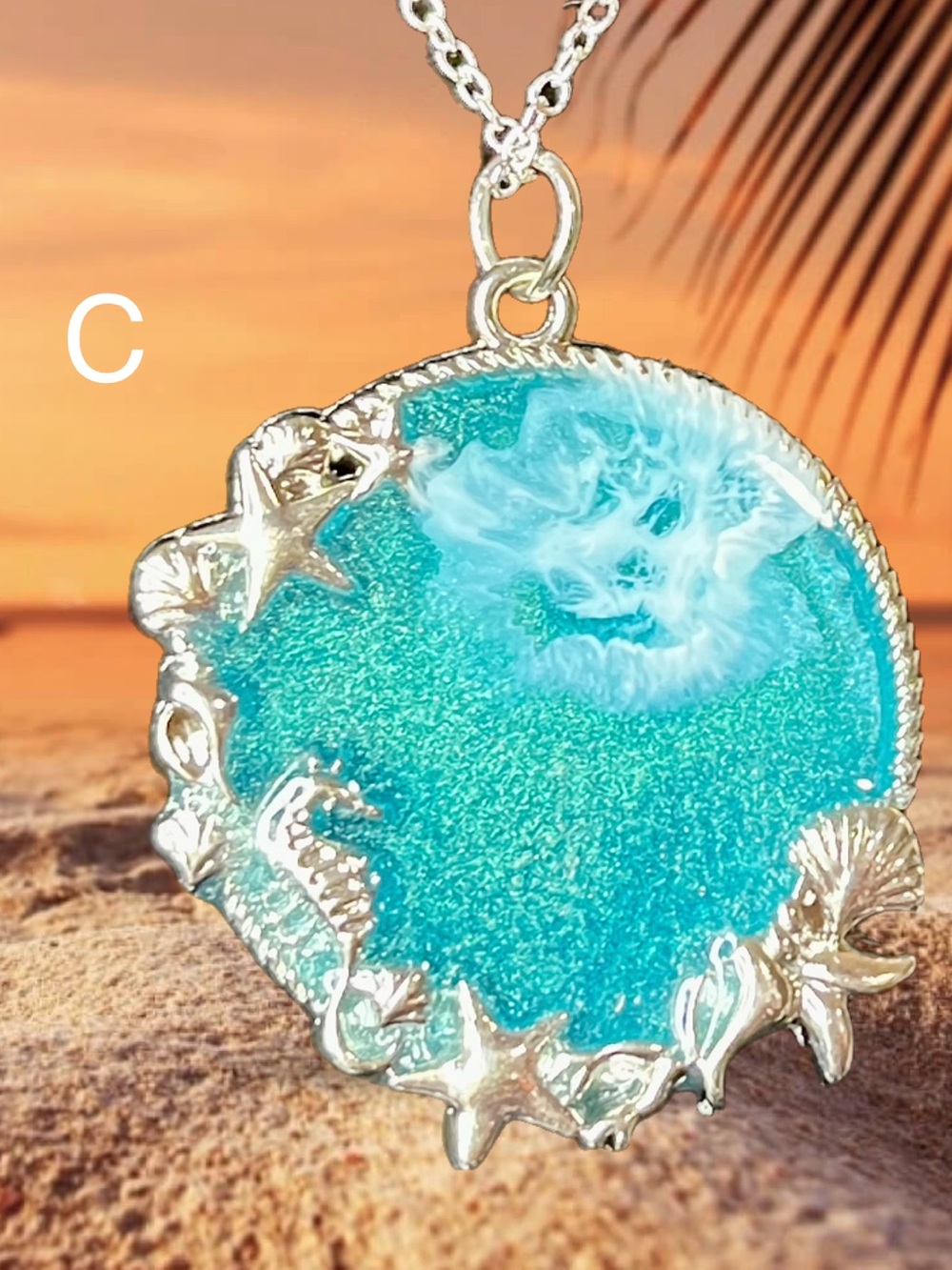 Ocean Blue Resin Pendant Necklace - Sea Life Accents - Picture 4 of 7